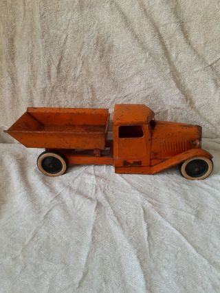 Antique Vintage 1920s Structo Pressed Steel Orange Toy Dump Truck Large