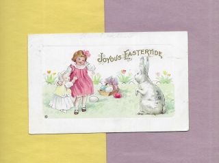 Adorable Girls,  Bunny,  Colored Eggs On Vintage 1915 Easter Postcard