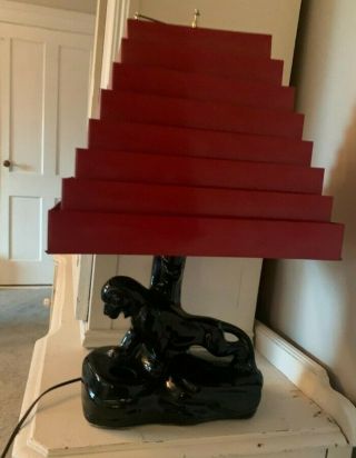 Vintage Mid Century Modern Kitsch Mcm Black Panther Lamp Art Deco Red Shade Old