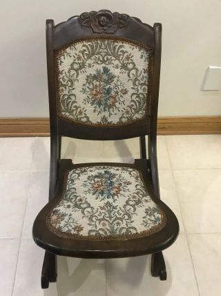 Vintage Aqua/teal Rose Carved Folding Tapestry Needlepoint Rocking Chair