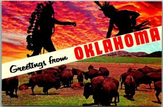 Vintage " Greetings From Oklahoma " Postcard Indians Dancing / Buffalo Herd 1960s