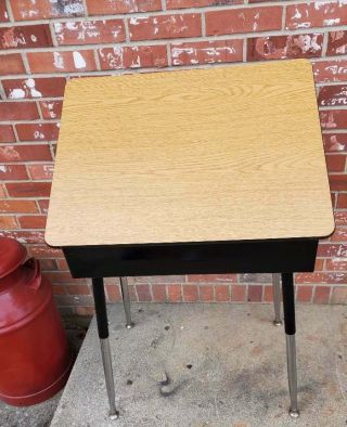 Child ' s School Desk Adjustable Chrome Legs Brown Wood Fromica Lift Top 2 3
