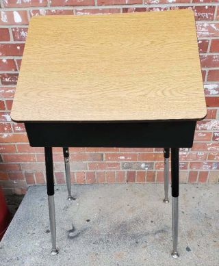 Child ' s School Desk Adjustable Chrome Legs Brown Wood Fromica Lift Top 3 2