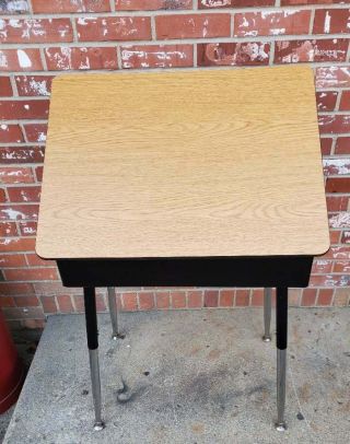Child ' s School Desk Adjustable Chrome Legs Brown Wood Fromica Lift Top 3 3