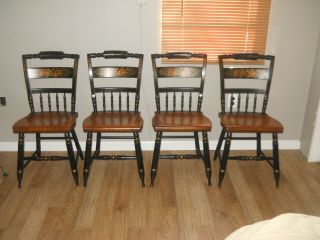 Set Of Four Vintage L.  Hitchcock Black Harvest Inn Solid Maple Dining Chairs