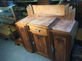 Vtg Jugendstil Art Deco Mahogany Sideboard Cabinet Buffet Carved Marble Top Va