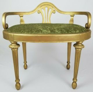 Vintage French Louis Xvi Carved Wood Vanity Chair Bench Velvet Upholstery