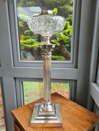 Silver Plated Messenger Cut Glass Oil Lamp Font Corinthian column base A1 3