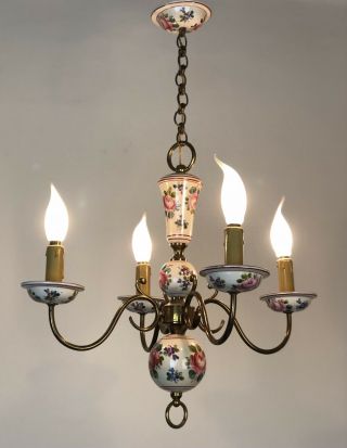 Vintage French Porcelain & Brass Floral Chandelier 4 Arm Flemish Ceiling Light