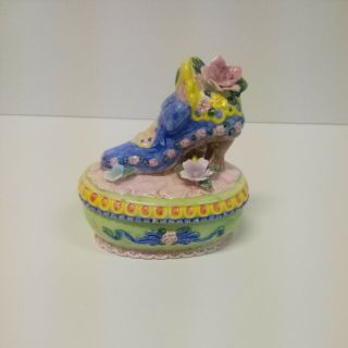 Knick Knack Glass With Shoe Lid With Flowers Pink Blue Yellow Red Beautil