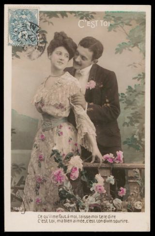 Set Of 4 Vintage Photo Postcard 1910s Romance Moustache Embroid Dress