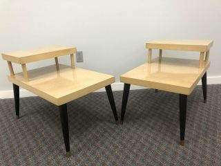 Vintage Mid Century Modern Wood Side Table Pair Blonde Step 50s 60s Black Accent