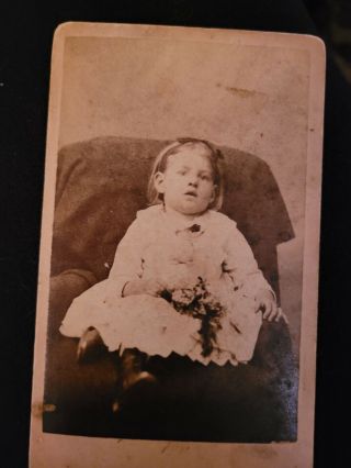 Antique Victorian Cdv Post Mortem Girl In Chair Floral Bouquet In Lap 1870s