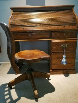 Oak Roll Top Desk And Antique Chair