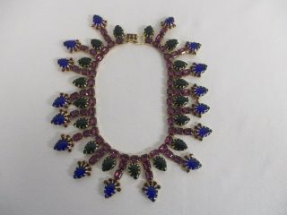 Gorgeous Vintage Runway Choker Necklace W Purple Cobalt Blue & Green Crystals