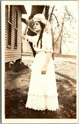 Vintage Rppc Real Photo Postcard Young Woman In White Dress & Large Hat Outdoors