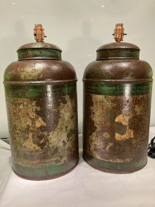 Antique Disressed Toleware Chinoiserie Tea Canister Table Lamps