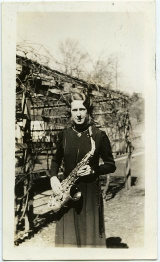 Young Woman Saxophone Player Music Fashion Vintage Snapshot Photo