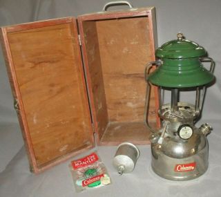 Vintage 1962 Coleman 202 Chrome Camping Lantern W/ Funnel & Wood Case 10/62