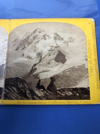 Stereoview Card Photo 1864 Alpine Club Zermatt Couple On Cliff Parasol