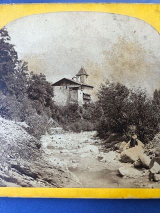 Stereoview Card Photo 1864 Alpine Club Sallanches France Man On Rock Town