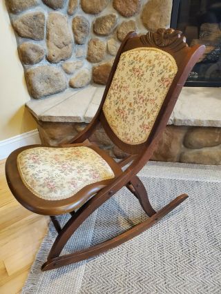 Vintage Victorian Wood Foley Rocking Chair Tapestry Needlepoint Folding 33 " Tall