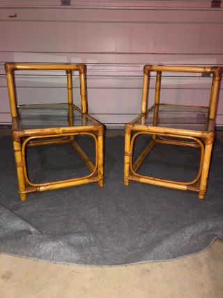 Vintage 2 - Tier Bamboo Rattan End Table Glass Top - Mid Century Modern Set Of 2