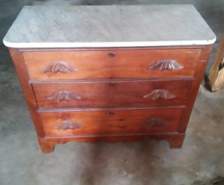044 Antique Dresser With White Marble Top 3 Drawer