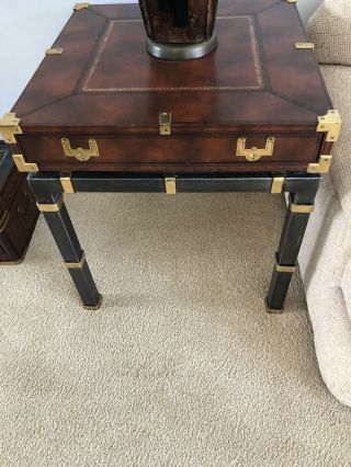 Maitland Smith Campaign Wood,  Leather Metal & Brass Unique End Table With Drawer