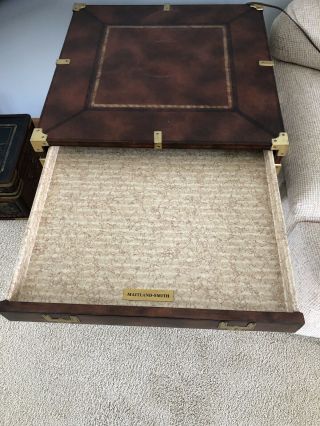 Maitland Smith Campaign Wood,  Leather Metal & Brass Unique End Table with Drawer 4