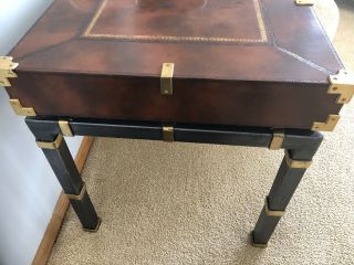 Maitland Smith Campaign Wood,  Leather Metal & Brass Unique End Table with Drawer 5