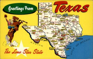 Greetings From Texas Map Horse Cowboy Lone Star State 1950 - 60 Vintage Postcard