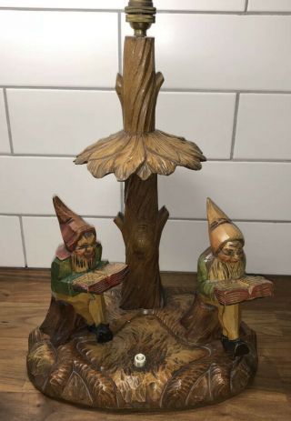 Rare Vintage Black Forest Carved Wooden Gnome Table Lamp Signed Rhon Sepp