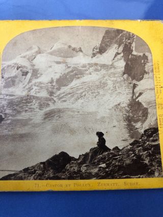 Stereoview Card Photo 1864 Alpine Club Castor And Pollux Zermatt Woman On Cliff