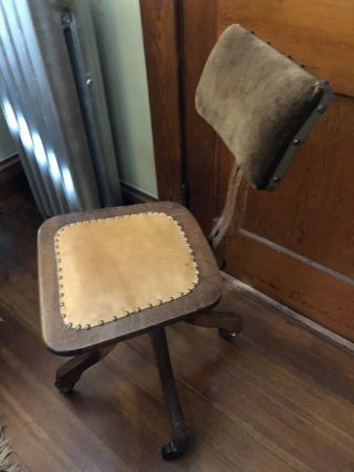 Rare Antique Oak Leather Velvet Swivel Adjustable Office Typing Chair