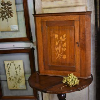 Antique Victorian Inlaid Oak Corner Wall Hanging Cupboard Storage Cabinet