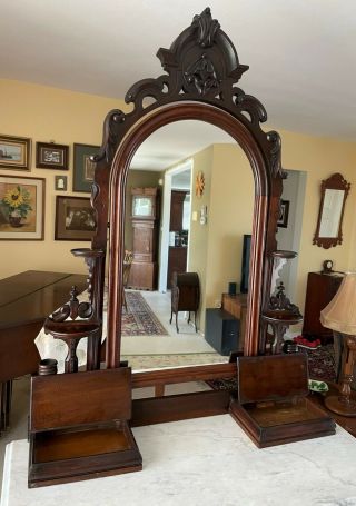 Antique 1800 ' s Victorian Carved Walnut Marble Top Dresser W Mirror Hidden Drawer 2