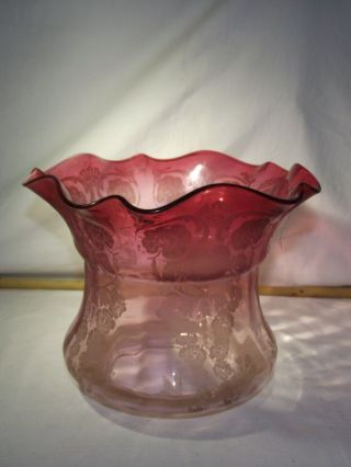 A Victorian Cranberry Glass Acid Etched Tulip Duplex Oil Lamp Shade