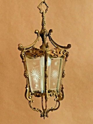 Brass Antique Coach Lamp - Lantern - Very Ornate,  French/spanish.  Etched Glass.