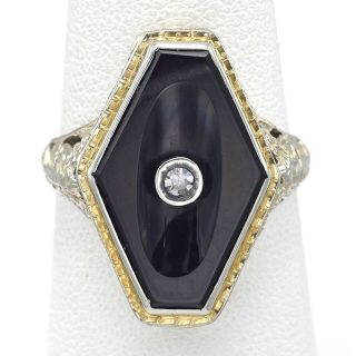 Antique 18k White Gold Onyx & Diamond Cocktail Ring 4.  2 Grams Size 6.  25