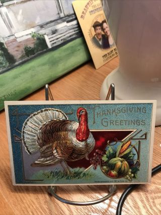 Vintage Thanksgiving Postcard Turkey On Blue & Red Art Deco Background Head To L