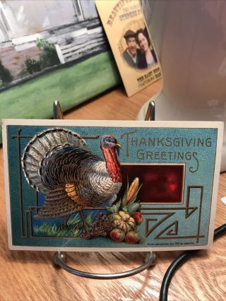Vintage Thanksgiving Postcard Turkey On Blue & Red Art Deco Background Head To R