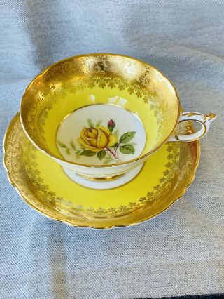Stunning Vintage Paragon Yellow Teacup & Saucer Heavy Gold Yellow Rose