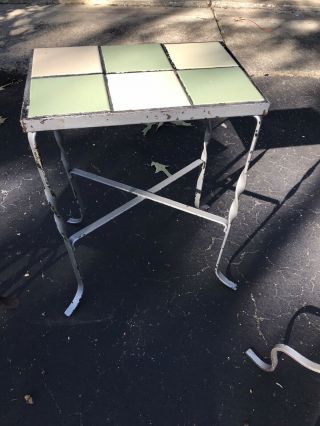 Vtg Mid Century California 6 Tile Top Wrought Iron Table Plant Stand Green White