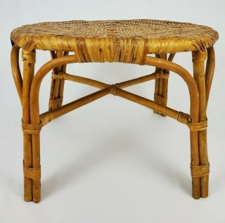 Vintage Bamboo Rattan Coffee Accent End Table Round Bohemian Mid - Century 3