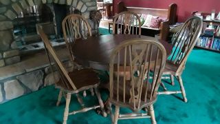 Vintage Solid Oak Dining Kitchen Table Farmhouse Pedestal,  48” Round 5 Chairs 2