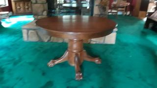 Vintage Solid Oak Dining Kitchen Table Farmhouse Pedestal,  48” Round 5 Chairs 3