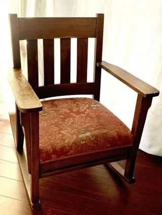 19th C Arts & Crafts Mission Oak Stickley Era Rocking Arm Chair,  Reupholstered