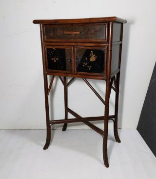 Vintage Asian Bamboo Table Cabinet Black Lacquer Painted Floral Chinoiserie Mcm