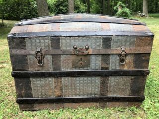 Antique Vintage Dome Top Pressed Tin & Wood Chest Humpback Steamer Trunk Ship